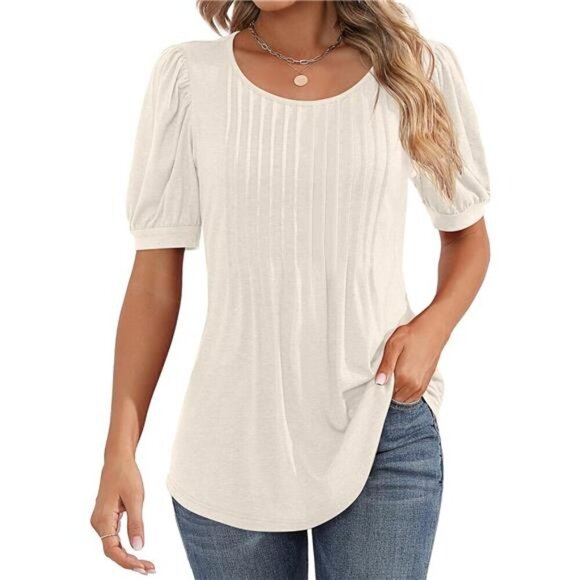 Bonbon V Neck Pleated Short Puff Sleeve Blouse